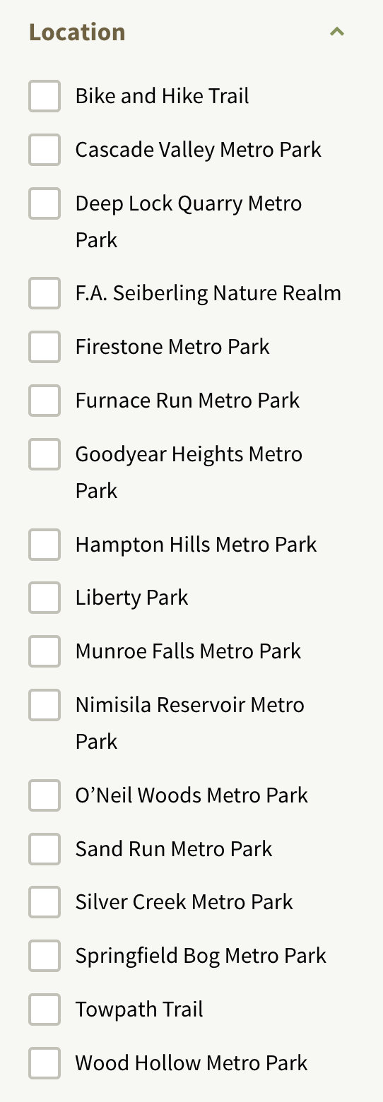 Filter Bar on the Summit Metro Parks event calendar page, specifically listing off all of the location options for events.